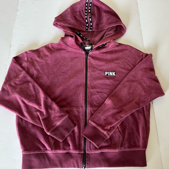 VS PINK Victorias Secret Maroon Velour Cropped Zip Up Sweater Size XS - Picture 2 of 8